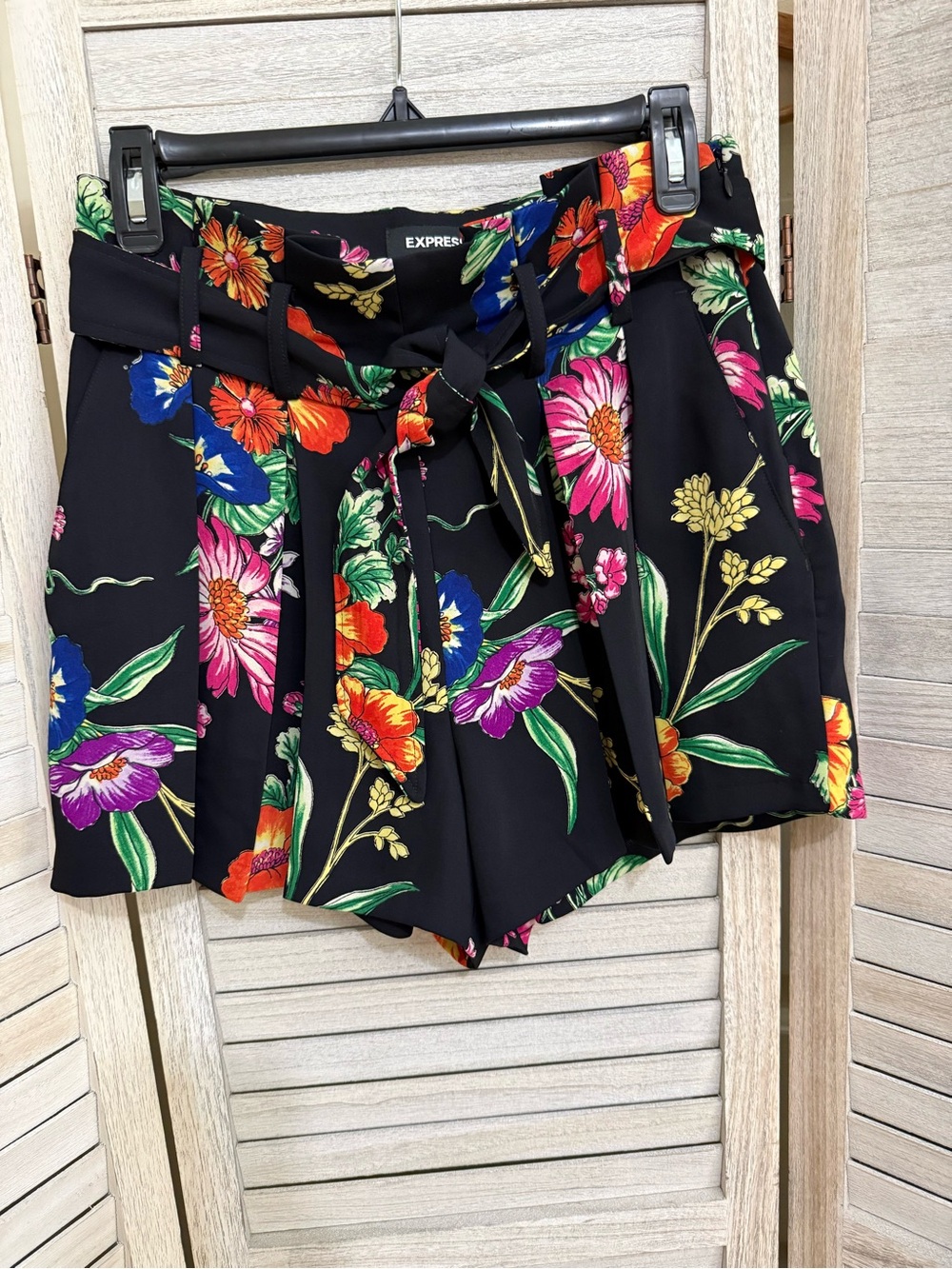 Express Black High-Waist Floral Paperbag Shorts with Tie Belt